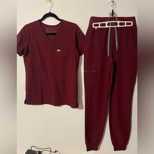 Figs Women's Burgundy Pocket Scrub Top & Zamora High Waisted 2.0 Jogger Pants
